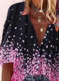 Elegant Floral Print 3/4 Sleeve Black Shirt